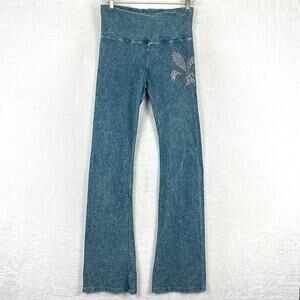T Party Flare Yoga Pants Womens M Blue Mineral Wash Embellished Y2K Pilates USA